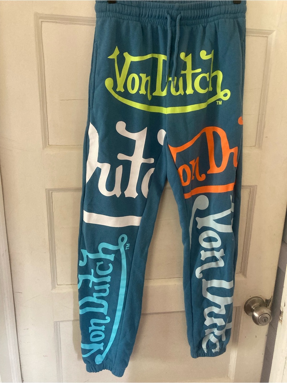 Von Dutch Teal Sweatpants with Neon Yellow, Orange & White Logos